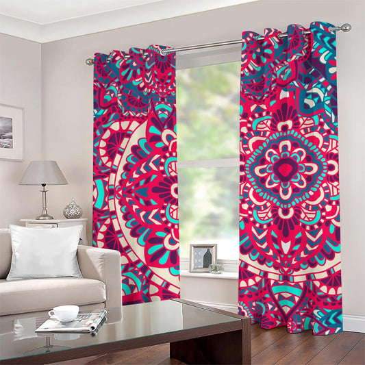 Pink Teal Bohemian Mandala Pattern Print Grommet Curtains