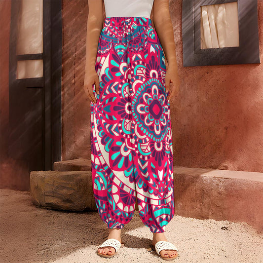 Pink Teal Bohemian Mandala Pattern Print Harem Pants