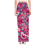 Pink Teal Bohemian Mandala Pattern Print High Slit Maxi Skirt