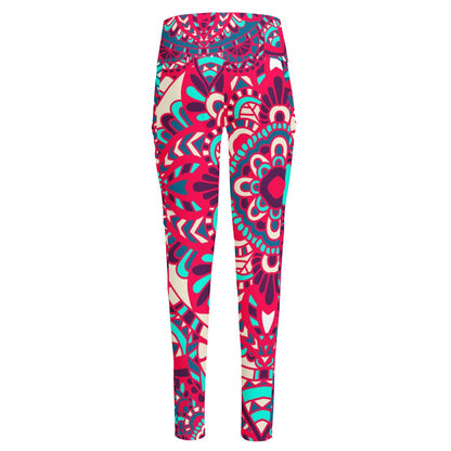 Pink Teal Bohemian Mandala Pattern Print High-Waisted Pocket Leggings