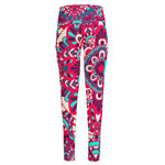 Pink Teal Bohemian Mandala Pattern Print High-Waisted Pocket Leggings