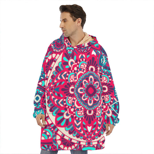 Pink Teal Bohemian Mandala Pattern Print Hoodie Blanket