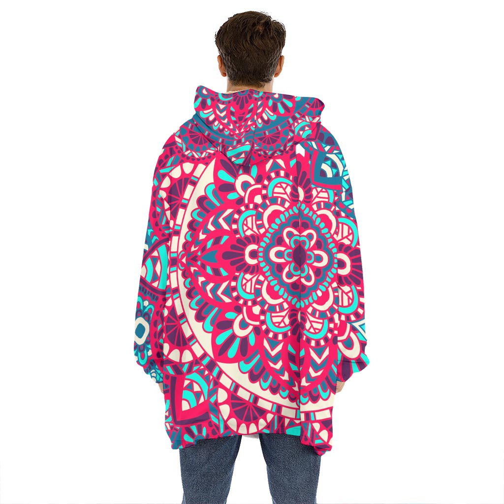 Pink Teal Bohemian Mandala Pattern Print Hoodie Blanket