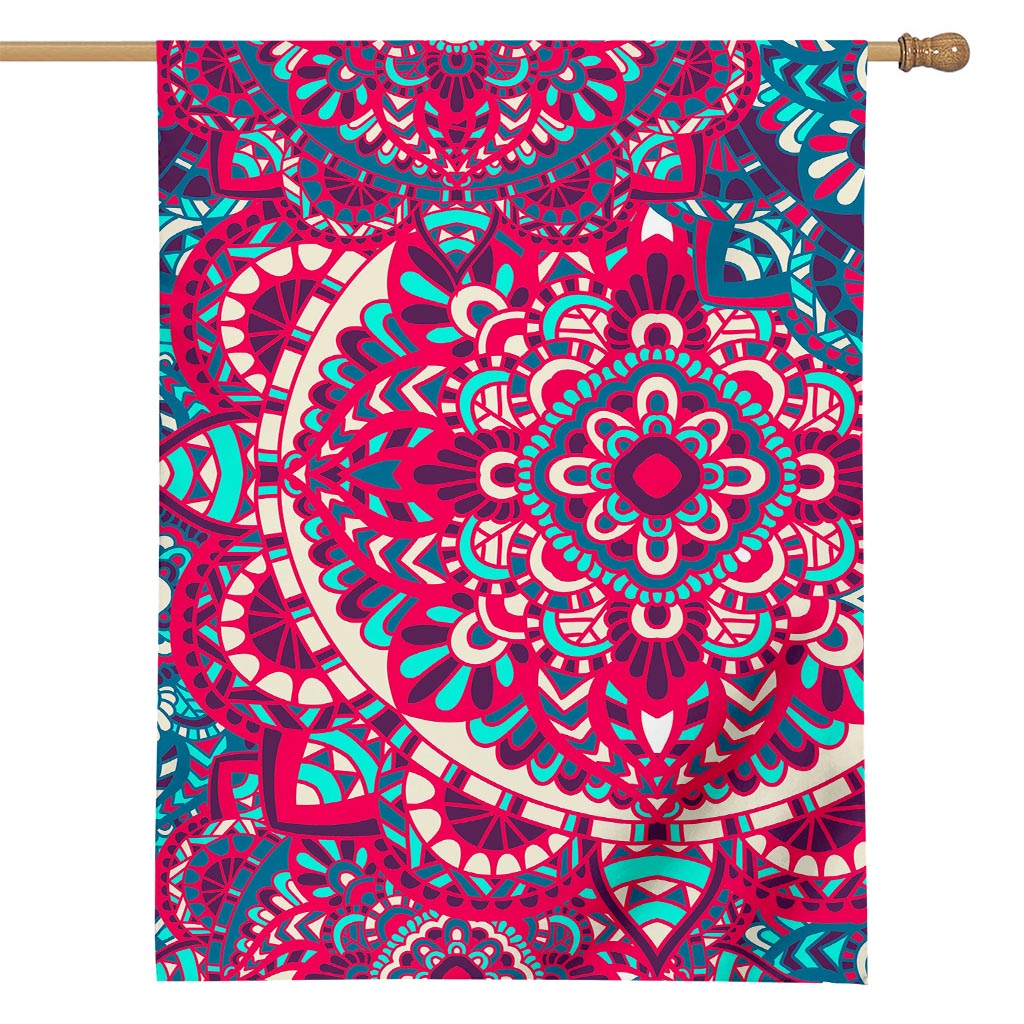 Pink Teal Bohemian Mandala Pattern Print House Flag