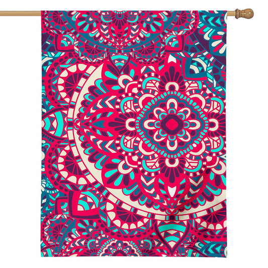 Pink Teal Bohemian Mandala Pattern Print House Flag