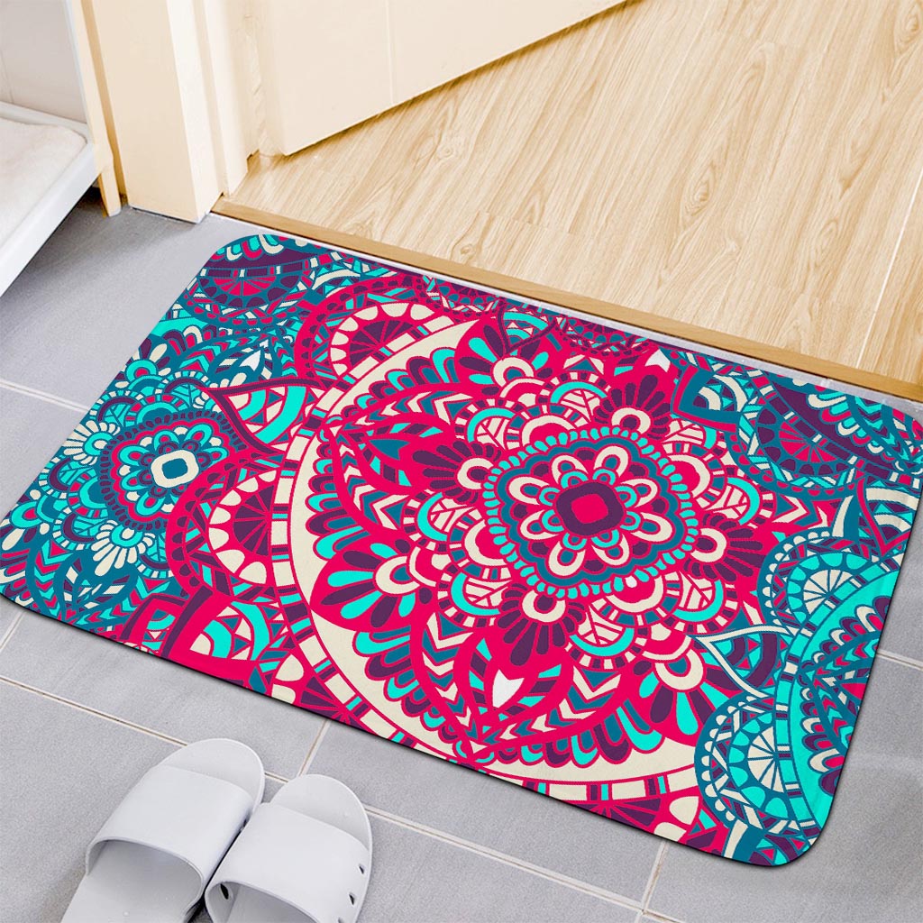 Pink Teal Bohemian Mandala Pattern Print Indoor Door Mat