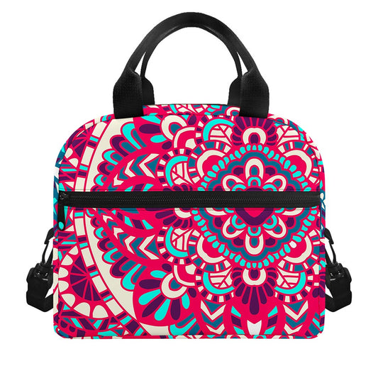 Pink Teal Bohemian Mandala Pattern Print Insulated Lunch Bag