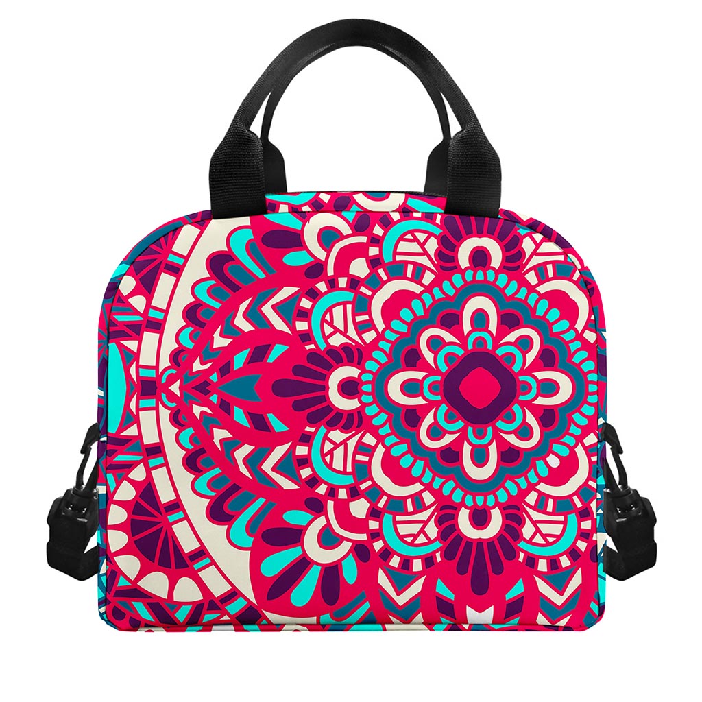 Pink Teal Bohemian Mandala Pattern Print Insulated Lunch Bag
