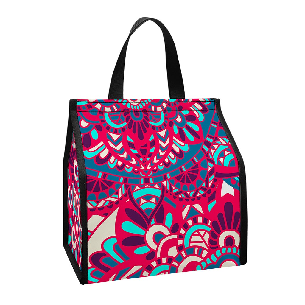 Pink Teal Bohemian Mandala Pattern Print Insulated Lunch Tote