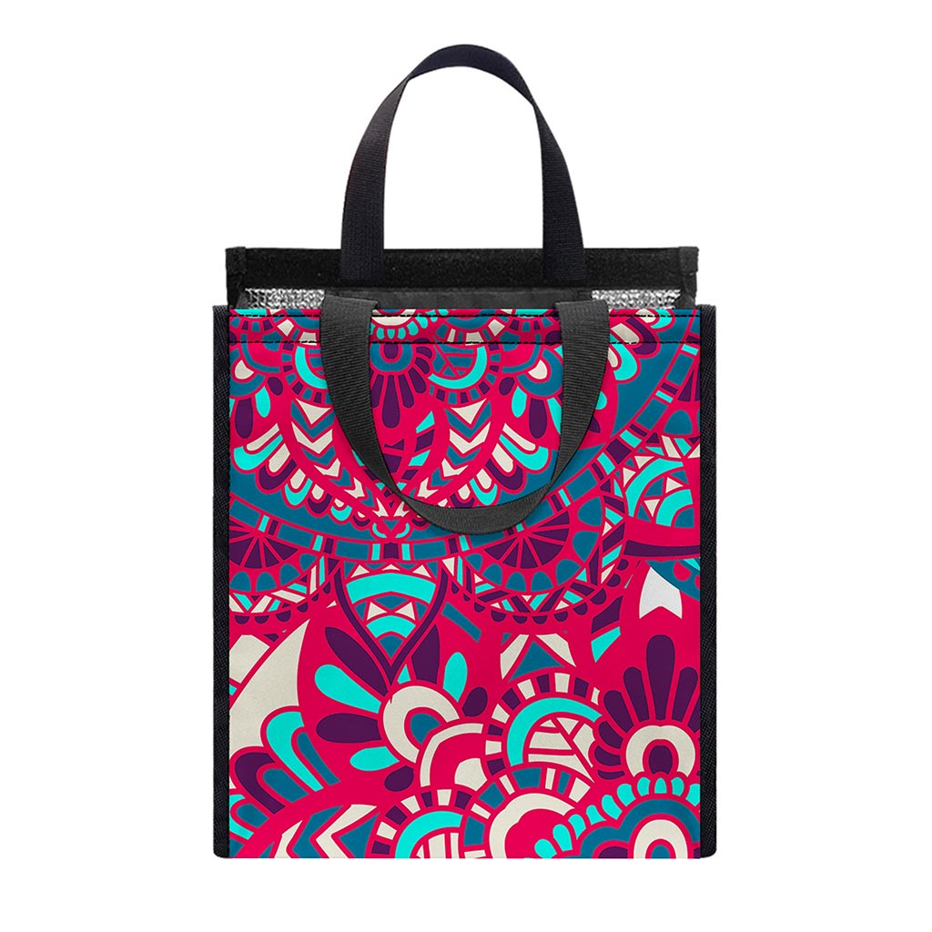 Pink Teal Bohemian Mandala Pattern Print Insulated Lunch Tote