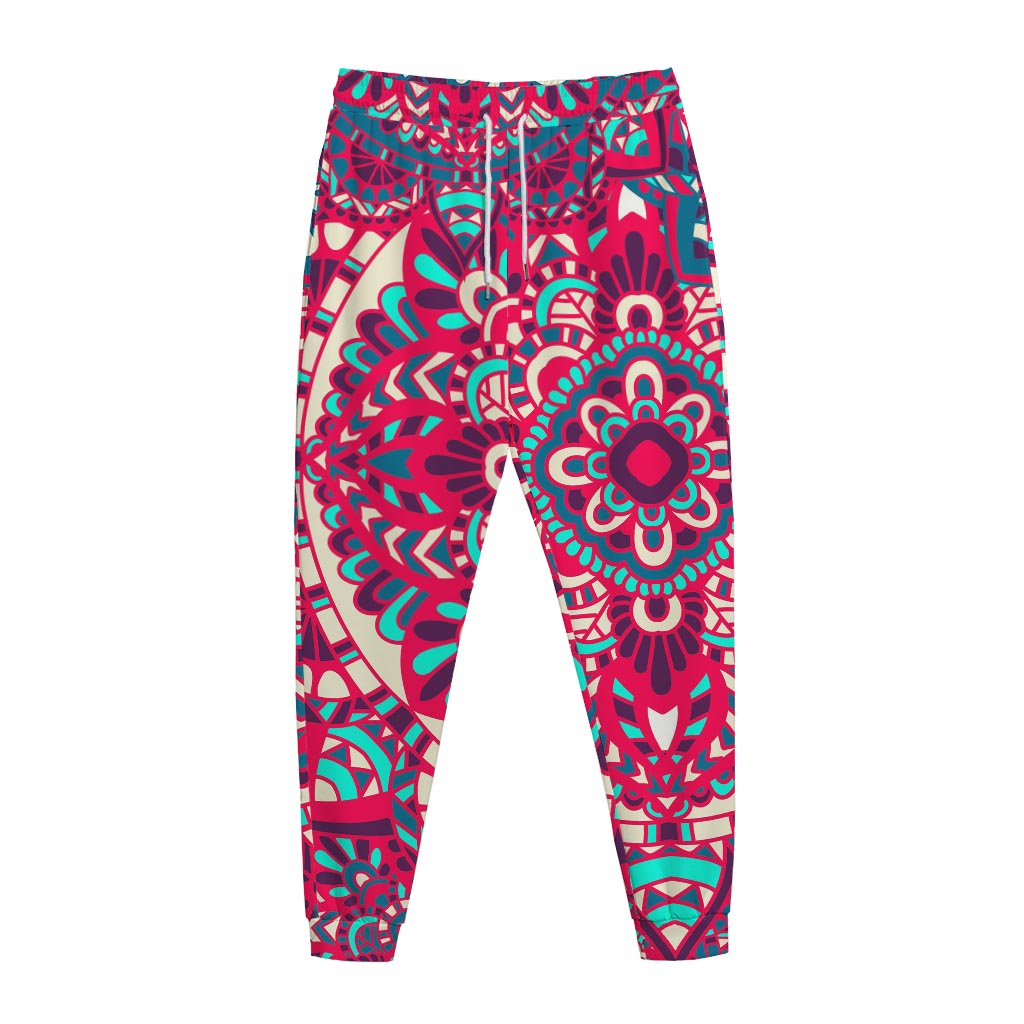 Pink Teal Bohemian Mandala Pattern Print Jogger Pants