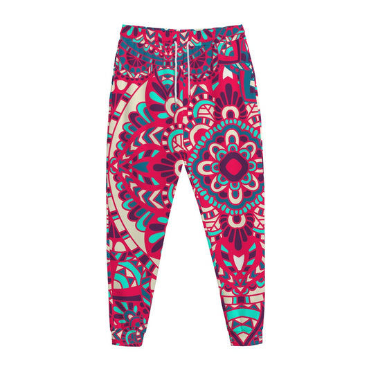 Pink Teal Bohemian Mandala Pattern Print Jogger Pants