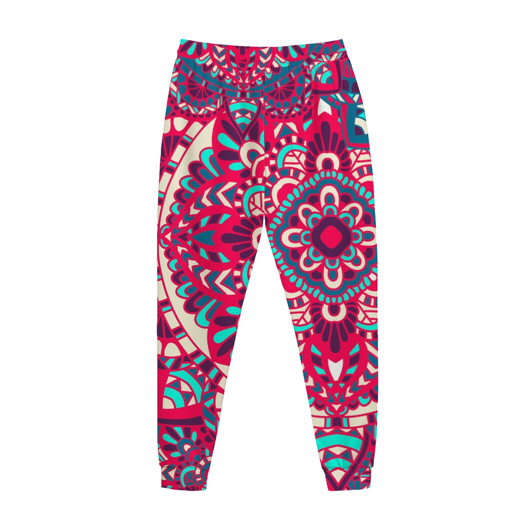 Pink Teal Bohemian Mandala Pattern Print Jogger Pants