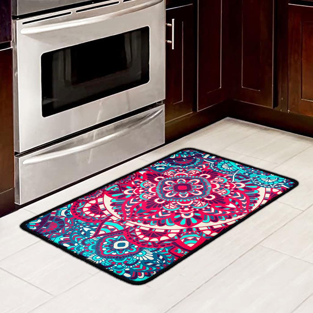 Pink Teal Bohemian Mandala Pattern Print Kitchen Mat