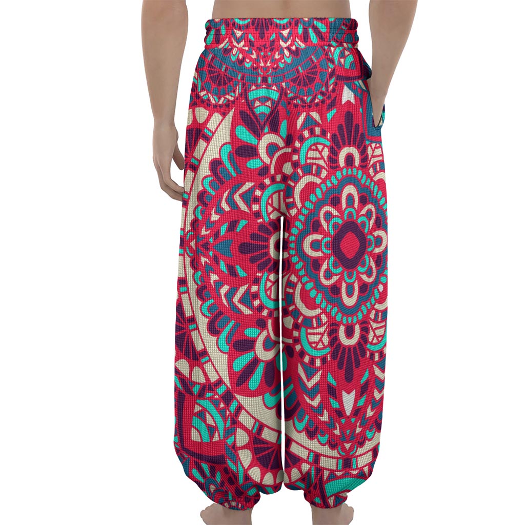 Pink Teal Bohemian Mandala Pattern Print Lantern Pants