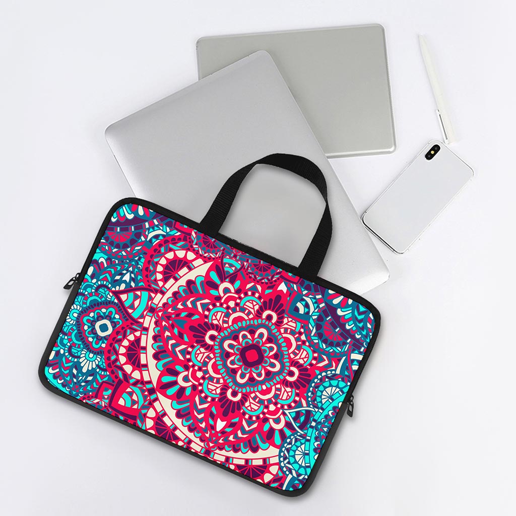 Pink Teal Bohemian Mandala Pattern Print Laptop Sleeve With Handle