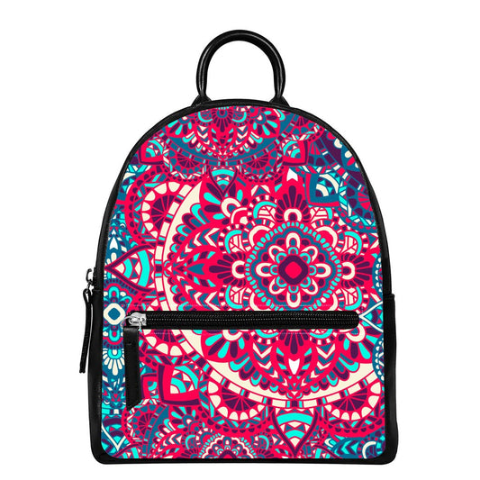 Pink Teal Bohemian Mandala Pattern Print Leather Backpack