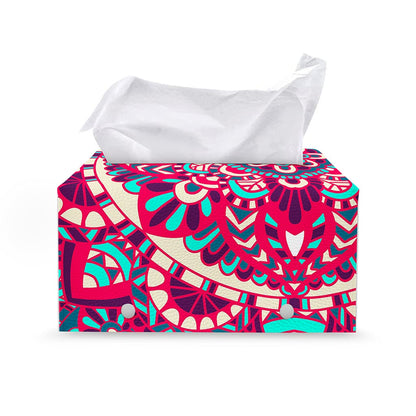 Pink Teal Bohemian Mandala Pattern Print Leather Tissue Box Cover