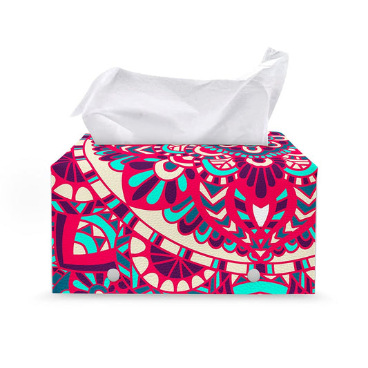 Pink Teal Bohemian Mandala Pattern Print Leather Tissue Box Cover