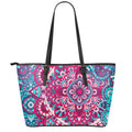 Pink Teal Bohemian Mandala Pattern Print Leather Tote Bag With Zipper