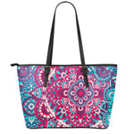 Pink Teal Bohemian Mandala Pattern Print Leather Tote Bag