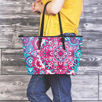 Pink Teal Bohemian Mandala Pattern Print Leather Tote Bag