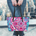 Pink Teal Bohemian Mandala Pattern Print Leather Tote Bag