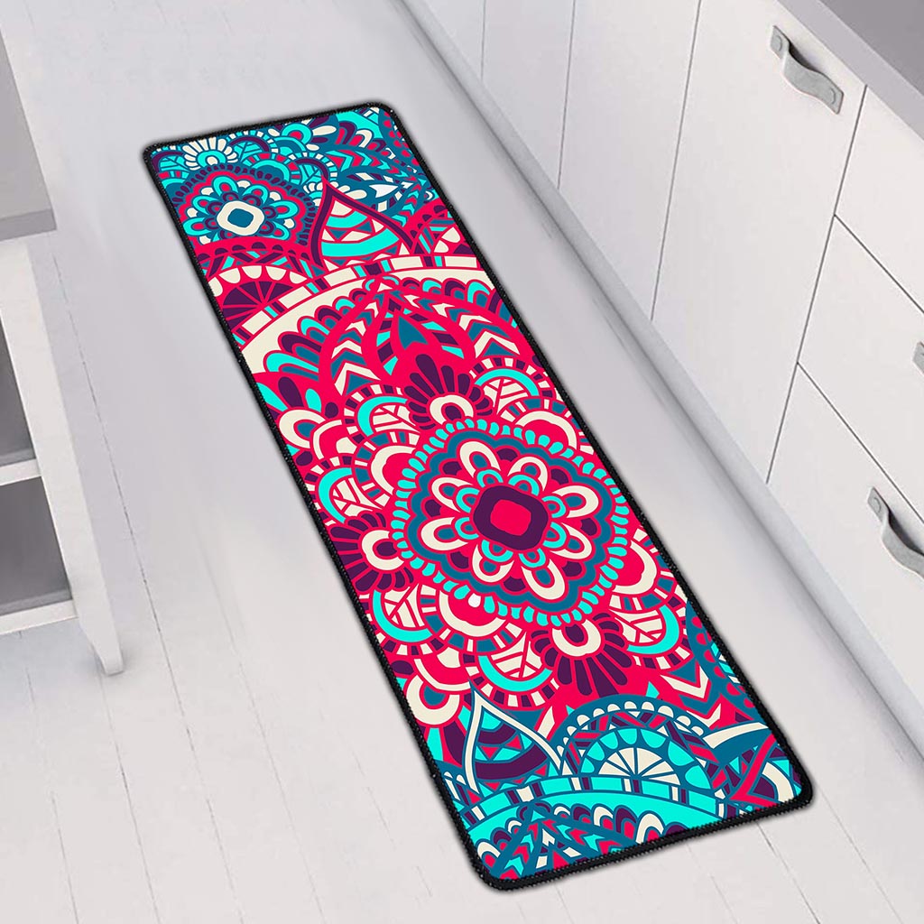 Pink Teal Bohemian Mandala Pattern Print Long Kitchen Mat