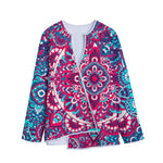 Pink Teal Bohemian Mandala Pattern Print Long Sleeve Short Coat