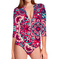 Pink Teal Bohemian Mandala Pattern Print Long Sleeve Swimsuit