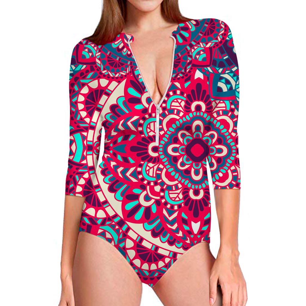 Pink Teal Bohemian Mandala Pattern Print Long Sleeve Swimsuit