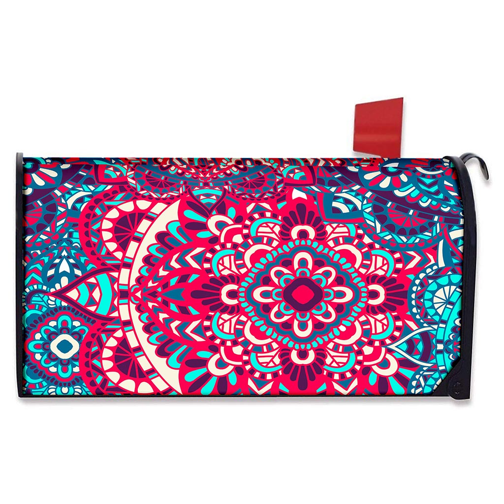 Pink Teal Bohemian Mandala Pattern Print Mailbox Cover