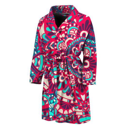 Pink Teal Bohemian Mandala Pattern Print Men's Bathrobe
