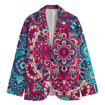 Pink Teal Bohemian Mandala Pattern Print Men's Blazer
