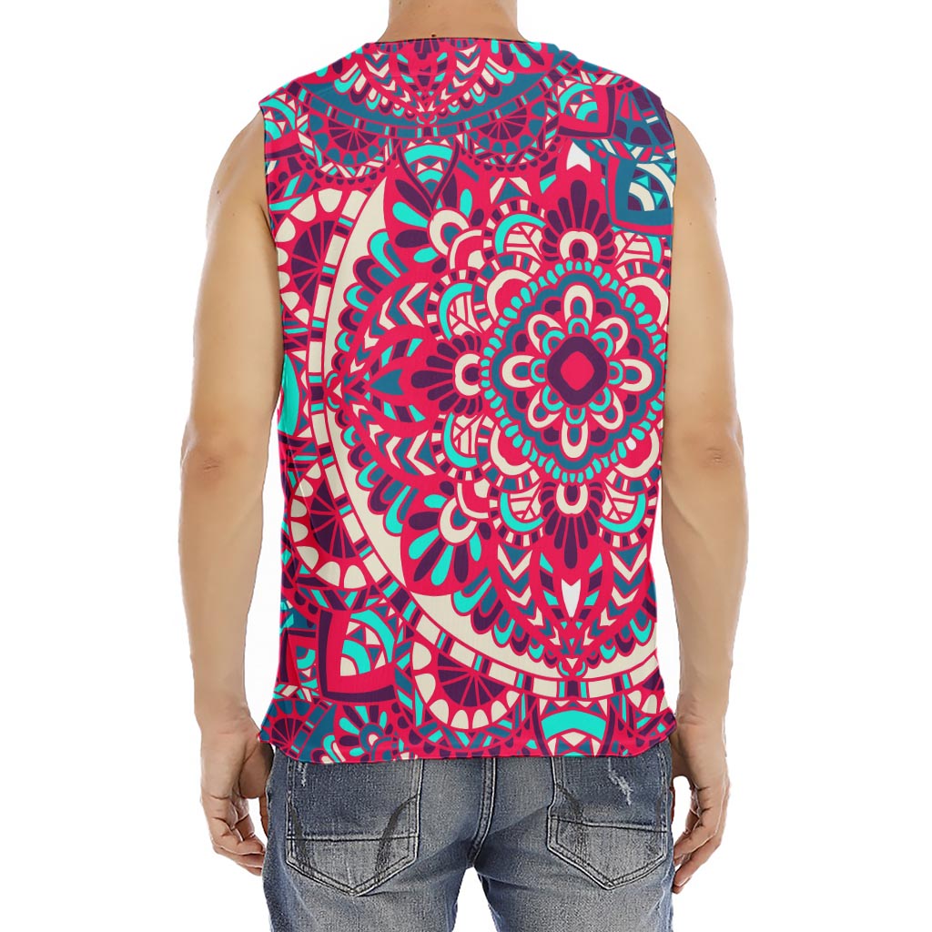Pink Teal Bohemian Mandala Pattern Print Men's Fitness Tank Top