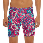 Pink Teal Bohemian Mandala Pattern Print Men's Long Boxer Briefs