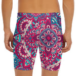 Pink Teal Bohemian Mandala Pattern Print Men's Long Boxer Briefs