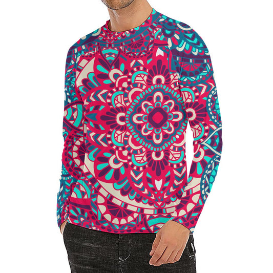 Pink Teal Bohemian Mandala Pattern Print Men's Long Sleeve Rash Guard