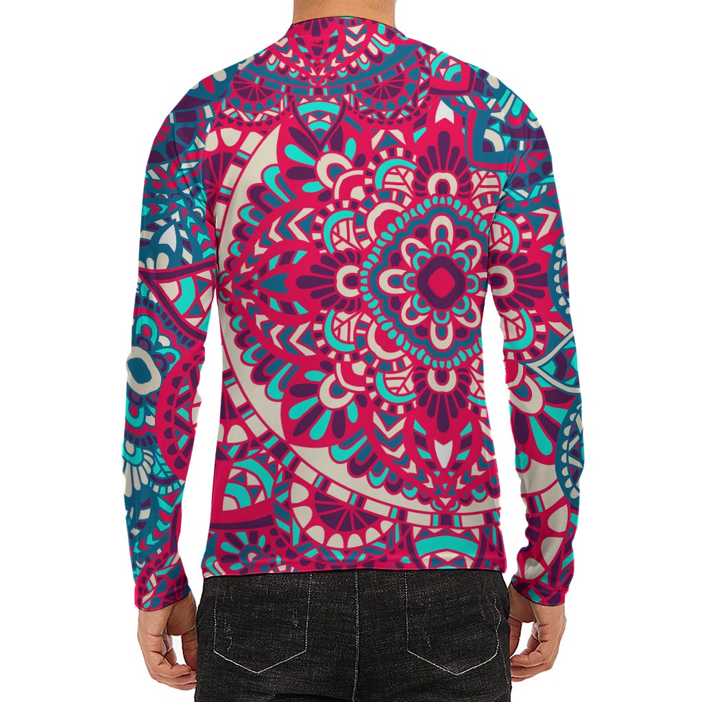 Pink Teal Bohemian Mandala Pattern Print Men's Long Sleeve Rash Guard