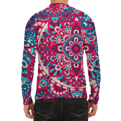 Pink Teal Bohemian Mandala Pattern Print Men's Long Sleeve Rash Guard