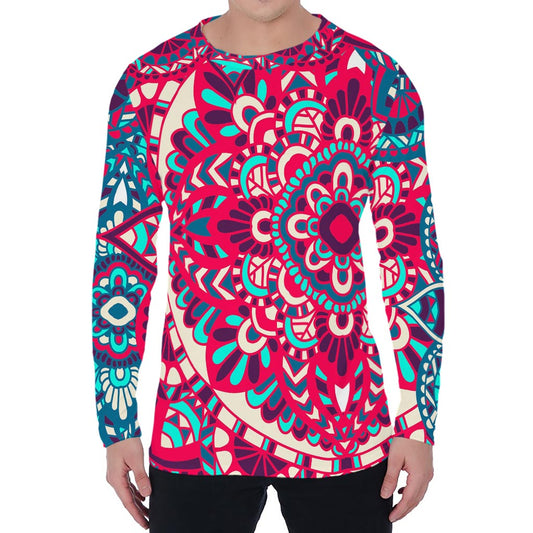 Pink Teal Bohemian Mandala Pattern Print Men's Long Sleeve T-Shirt
