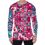 Pink Teal Bohemian Mandala Pattern Print Men's Long Sleeve T-Shirt