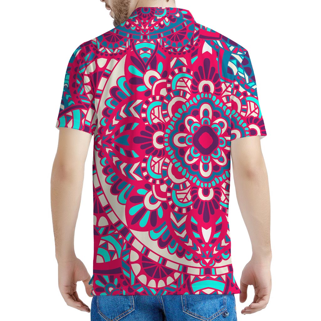 Pink Teal Bohemian Mandala Pattern Print Men's Polo Shirt