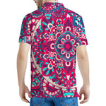Pink Teal Bohemian Mandala Pattern Print Men's Polo Shirt