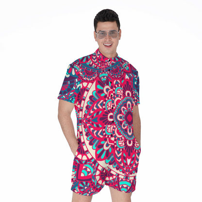 Pink Teal Bohemian Mandala Pattern Print Men's Rompers