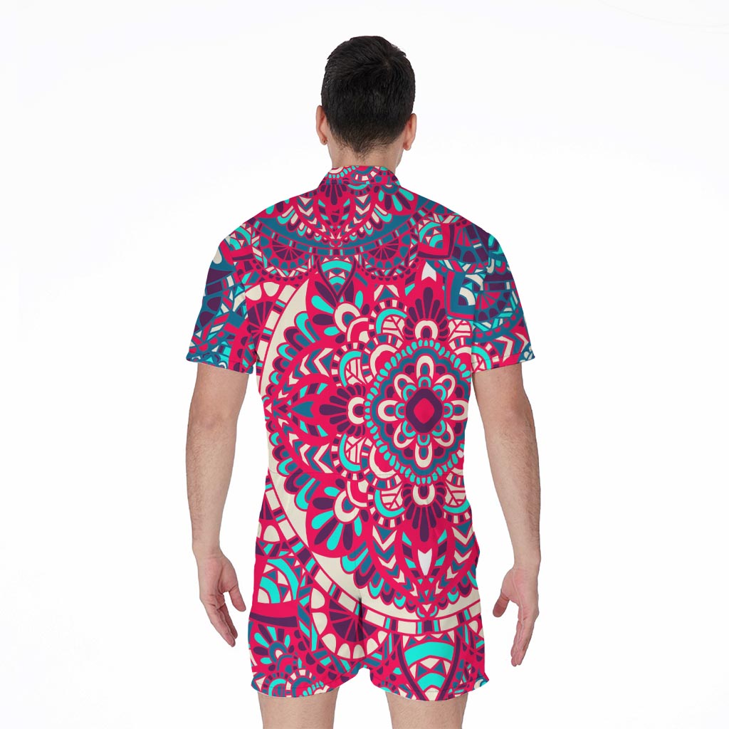 Pink Teal Bohemian Mandala Pattern Print Men's Rompers