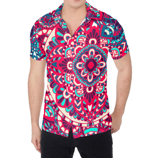 Pink Teal Bohemian Mandala Pattern Print Men's Shirt