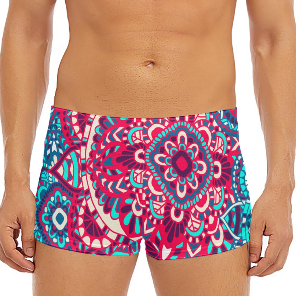 Pink Teal Bohemian Mandala Pattern Print Men's Short Boxer Briefs