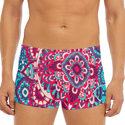 Pink Teal Bohemian Mandala Pattern Print Men's Short Boxer Briefs