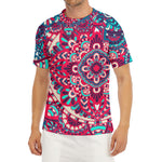 Pink Teal Bohemian Mandala Pattern Print Men's Short Sleeve Rash Guard